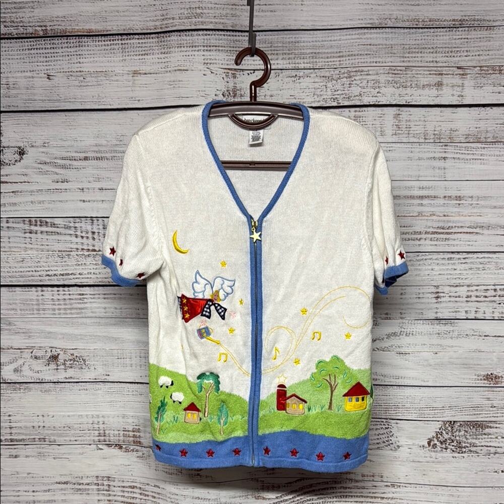 Breckenridge White Blue Embroidered Whimsical Cardigan Small Farm Angel Vintage